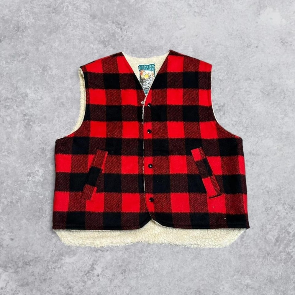 Vintage Canyon Guide Outfitters 80s wool plaid vest sherpa USA made size L work